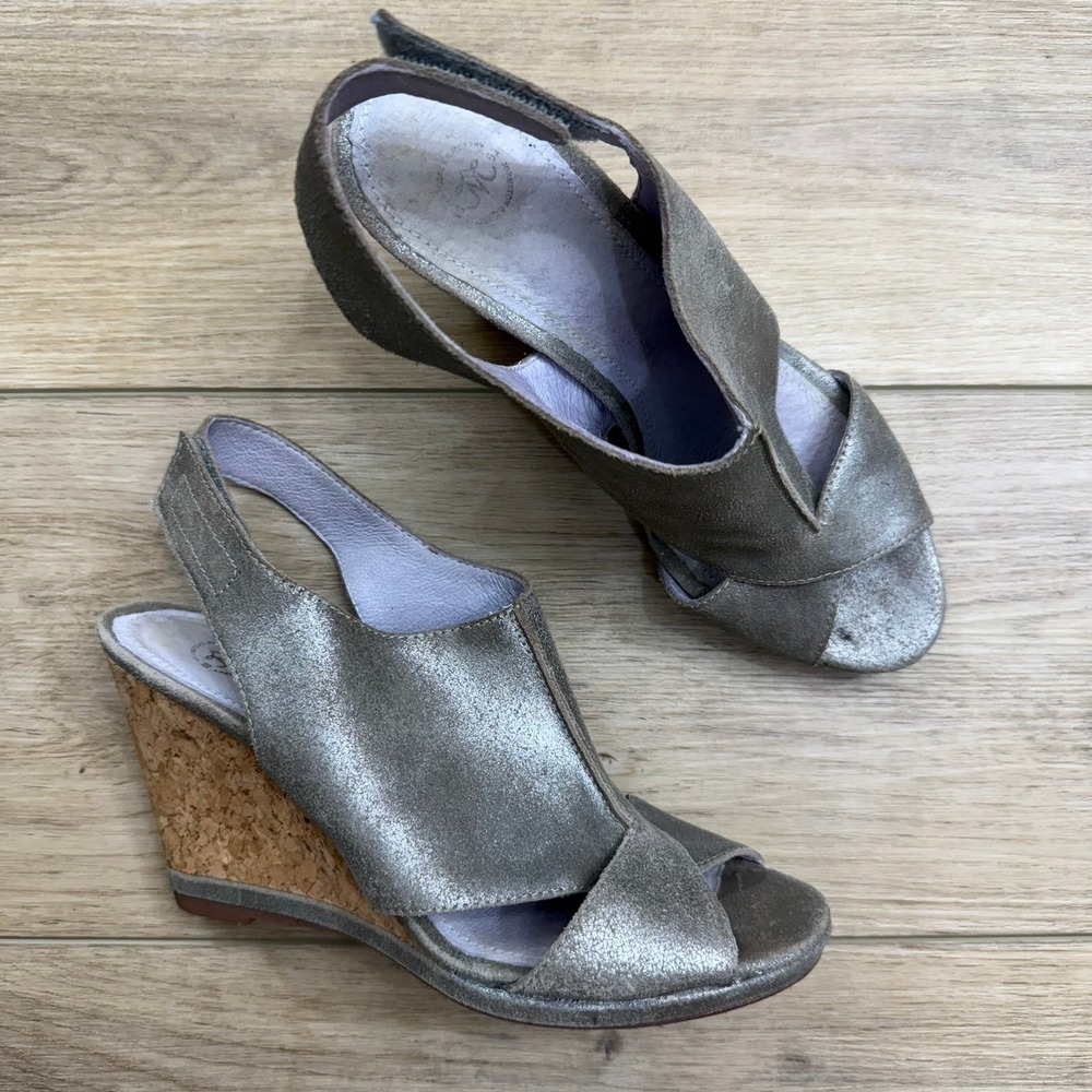 Johnston Murphy Peep Toe Wedge Sandals Metallic Slingback Cork Heel Open Toe